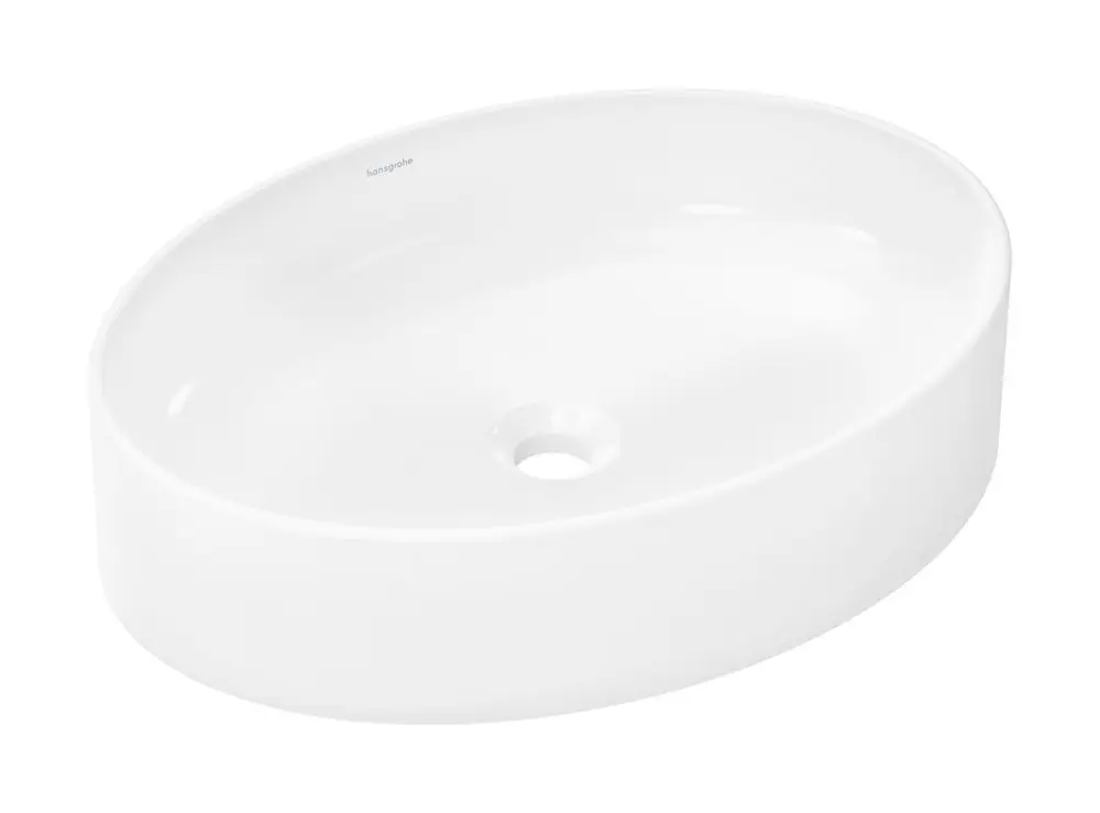 Runder, weißer Waschbeckenaufsatz von Hansgrohe ohne Hahnloch und Überlauf, mit glatter Oberfläche und ovaler Form. Ideal für moderne Badezimmereinrichtungen.